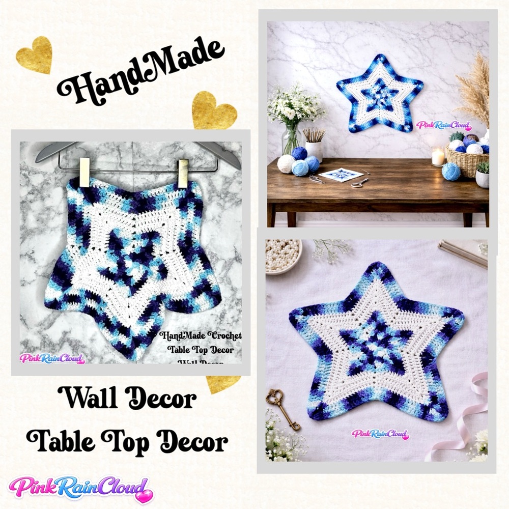 Handmade Crochet Star Wall Decor Blue White Accent Centerpiece PinkRainCloud